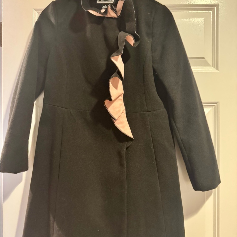 Rothschild Girls Elegant Black Dress Coat with Pink Ruffle Accents